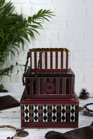 Festival Desenli 3'lü Kare Metal Saklama Kabı Seti 2,2 Lt + 3,7 Lt + 5,8 Lt