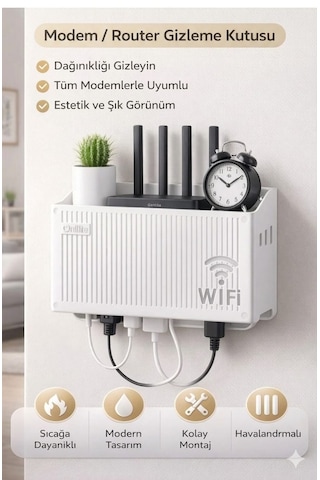 Wifi Modem Saklama Kutusu Plastik Malzeme İle 15x25x6 Cm Boyutlarında Şık Duvar Tipi Yapışkanlı Vida Hediyedli 2 Adet Beyaz - Gri