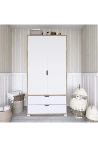 90 Cm Açık Ceviz-beyaz 2 Kapılı 2 Çekmeceli Elbise Dolabı - Gardırop Açık Ceviz & Beyaz