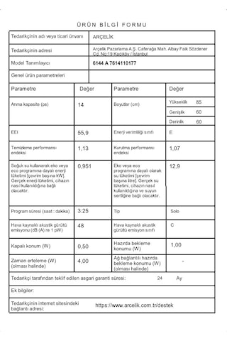 Arçelik 6144 A 4 Programlı 14 Kişilik Bulaşık Makinesi