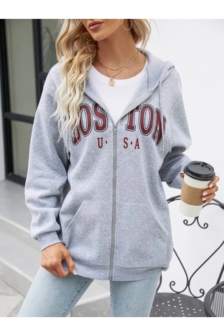 Altamira Unisex Bej Boston Baskı Kapüşonlu Hırka 001