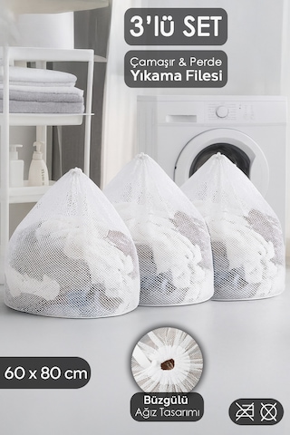 3'lü Perde Ve Çamaşır Yıkama Filesi Seti - Büyük Boy İpli Yıkama Filesi 60x80 Cm Beyaz