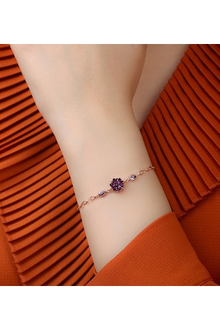 925 Ayar Ametist Zirkon Taşlı Lotus Çiçeği Gümüş Bileklik
