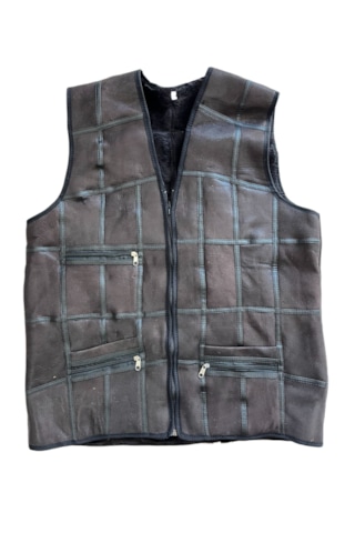 Patchwork İçi Kürk-dışı Süet Deri Biye Detaylı Yelek Acı Kahve