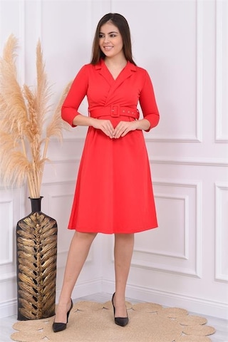 Dip Moda Kadın Kermerli Astarsız Krep Elbise Dpndbks016 Kırmızı