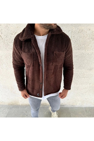 Erkek Pelüş Polar Hırka Gömlek Yakalı, İlik Düğmeli, Göğüs Cepli, Yumuşak Dokulu Kışlık Regular Fi Kahverengi
