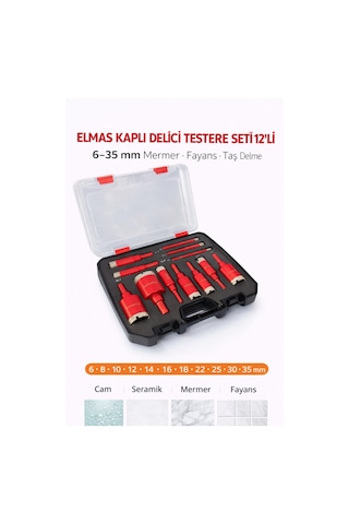 Senbang Elmas Kaplı Delici Seti 12 Li Kırmızı Özel Kutulu 6 35 Mm Cam Seramik Mermer Fayans Delme Uçları