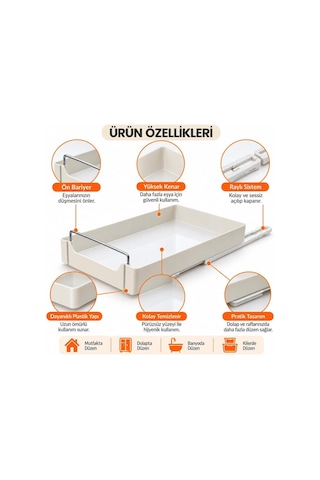 Dolap İçi Raylı Organizer Çekmece, Çekilebilir Plastik Dolap Düzenleyici, Mutfak Banyo Dolap İçi Organizer, Raylı Saklama Sepeti