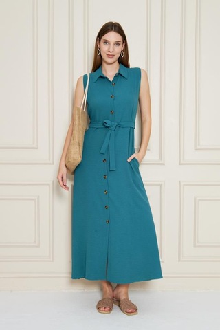 Kadın Uzun Aerobin Elbise Gömlek Yaka, Kolsuz, Kemerli, Yandan Cepli Yazlık-3762385 Petrol