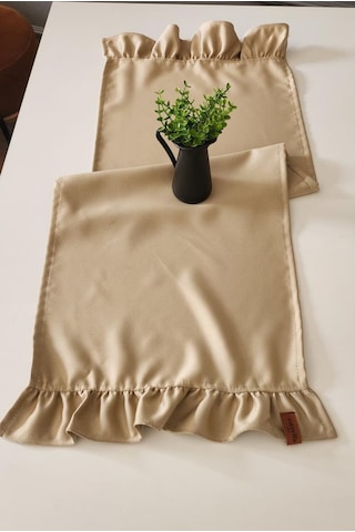 Cemre Saten 2-kenar Fırfırlı Vintage Runner Örtü Bej 40x110