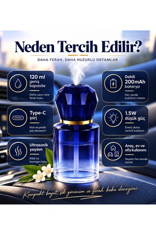 Araç Koku Makinesi 120 Ml Ultrasonik Aroma Difüzörü Type-c Şarjlı Ambiyans Işıklı 001