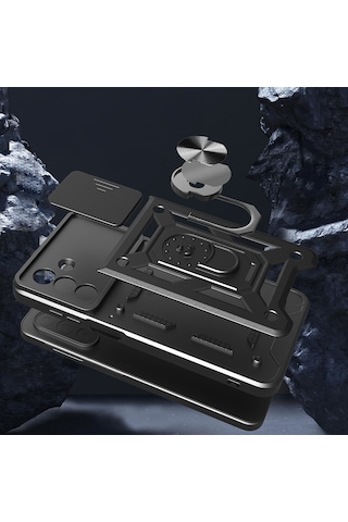 Teknomoda Samsung Galaxy Uyumlu A26 Kılıf Yüzüklü Standlı Sürgülü Kamera Korumalı Tank Sert Silikon Kapak Siyah