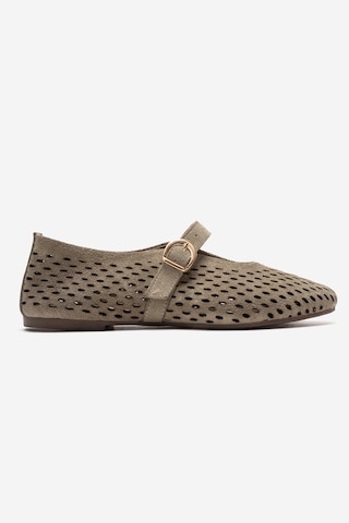 Luvishoes Arian Yeşil Süet Hakiki Deri Delikli Kadın Babet Ayakkabı Yeşil