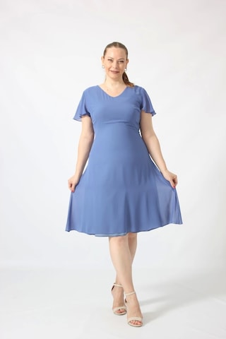 Moda Berray 3297 İndigo Kolu Fırfırlı Bele Oturan Astarlı Şifon Elbise İndigo