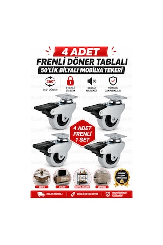 4 Adet Frenli Döner Tablalı 50 Mm Bilyalı Mobilya Tekeri 360 Döner Masa Dolap Sehpa Tekeri Ağır Yük Çok Renkli