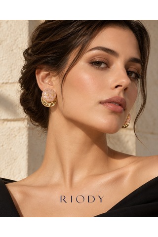 Riody Éclat Rosé Pudra Pembe Oval Altın Renkli Parçacık Ve Dövme Dokulu Metal Detaylı Kadın Küpe Rose Gold - Beyaz