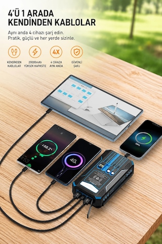 Exenar - Siyah - Güneş Enerjili Powerbank 4 Solar Panel Taşınabilir Şarj Cihazı Kendinden Kablolu Led Fenerli 20000mah Black
