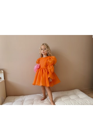 Linola Baby Kids Rose Oranj Şifon Kız Çocuk Parti Elbisesi Turuncu