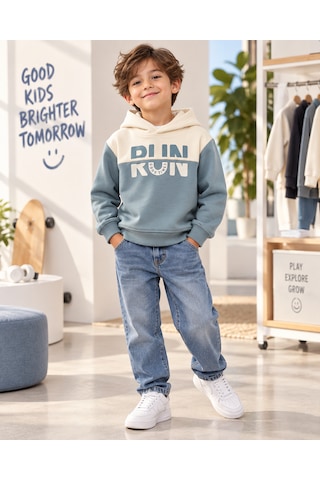 Ta&ce Kıds Tace Kıds Erkek Çocuk Kapüşonlu Sweatshirt Mavi - Ekru Renkli Ve Ön Baskılı Ekru - Mavi