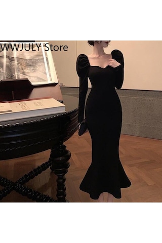 2021 Kış Vintage Denizkızı Elbise Kadın İnce Parti Tek Parça Elbise Kore Moda Uzun Kollu Siyah Y2k Midi Elbise Bayan Zarif Siyah