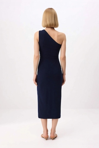 Benerly Kadın Asimetrik Yaka Tek Omuz Bodycon Midi Elbise Aksesuar Detayl Lacivert