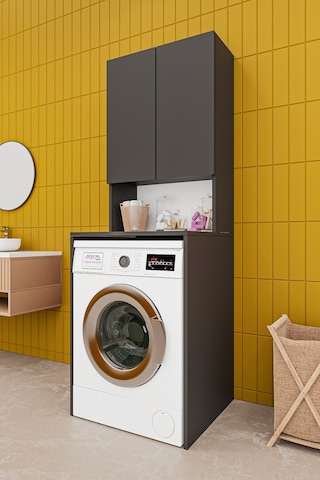 Asra Trend Çamaşır Makinesi Üstü Banyo Dolabı BD-01 %100 MDF İki Kapaklı Organizer Raf Antrasit