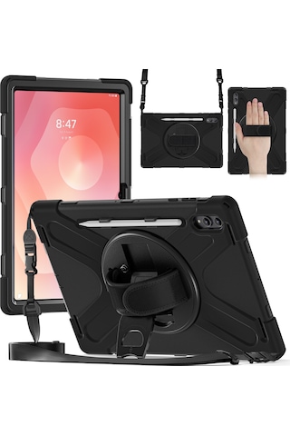 Samsung Galaxy Tab S11 Ultra Kickstand Kılıf Tpu Pc Silikon Tablet Kılıfı Ve Omuz Askısı - Siyah Tablet Kılıfı