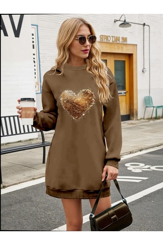 Kadın Uzun Kollu Bisiklet Yaka Kalp Desenli Viskon Iki Iplik Bluz Antrasit Melanj