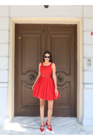 Kechi Woman Double Kumaş Pileli Mini Elbise Kırmızı