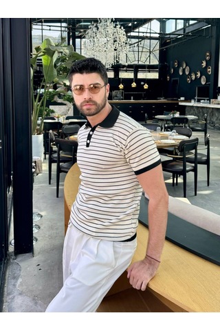 Erkek Polo Yaka Tişört Siyah Yakalı Beyaz Bej - Siyah