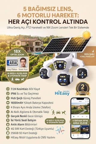 5 Kameralı Sim Kartlı 18x Zoom Ptz Güneş Enerjili Profesyonel Dış Mekân Güvenlik Kamerası -tek