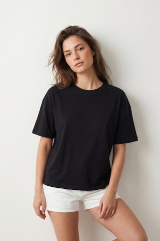 Elemge Pamuk Süprem Tok Kumaş Kadın Boxy Fit Siyah T-shirt Bol Kesim Düşük Omuzlu Bisiklet Yaka Oversize Tişört