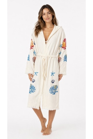 Kadın Müslin Plaj Kimonosu Kapüşonlu %100 Pamuk Baskılı Yazlık Kimono Bornoz Krem