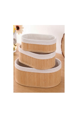 Oval 3 Lü Set İçi Kumaşlı Oval Bambu Düzenleyici Sepet Çok Amaçlı Organizer-oval Bej Bej