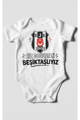 Morivokids Biz Doğuştan Beşiktaşlıyız Kısa Kollu Bebek Body %100 Pamuk Beyaz