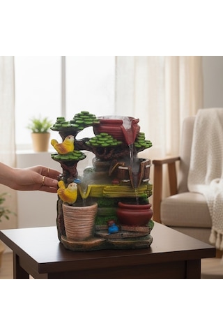 Dekoratif Kuşlar Tasarımlı Renkli Led Işıklı Su Şelalesi