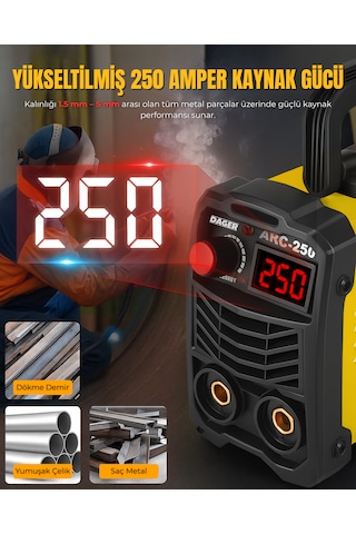 Dager MMA250 250 Amper Inverter Mini Çanta Kaynak Makinesi Seti | IGBT | Dijital Ekran | Elektrod + Maske + Eldiven