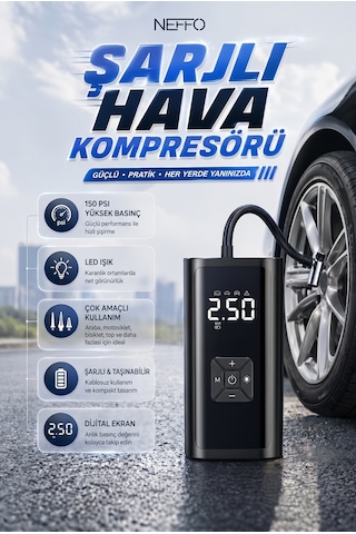 150 Psı Şarjlı Hava Kompresörü 4500mah Lcd Ekranlı Taşınabilir Lastik Şişirme Pompası 0 - 150 Psı 0 - 10 Bar