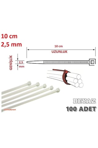 100 Adet 10cmx2.5mm Beyaz Plastik Cırt Kelepçe Kablo Bağı