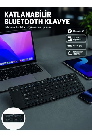 Hubrendy Tekno Katlanabilir Bluetooth Klavye 3 Cihaz Bağlantılı Kablosuz Taşınabilir Klavye
