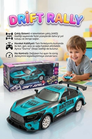 Uzaktan Kumandalı Işıklı 7 Fonksiyonlu 1:14 4 Çeker 10 Km/s Hızlı 4 Yedek Lastikli Oyuncak Drift Arabası Turkuaz