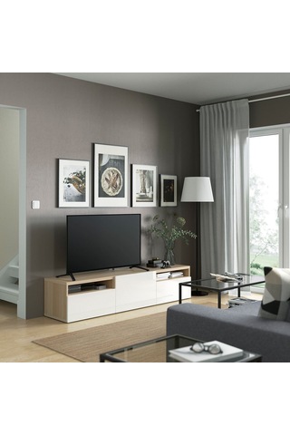 Tv Sehpası, Ağartılmış Meşe Görünümlü-parlak Cila-beyaz, 180x42x39 Cm, Selsvıken, Fren Raylı Beyaz