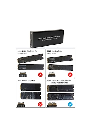 Type C Usb 3.2 To 12+16 Pın Apple Uyumlu MacBook Pro, Air 2013'ten 2017'ye Ssd Kutu
