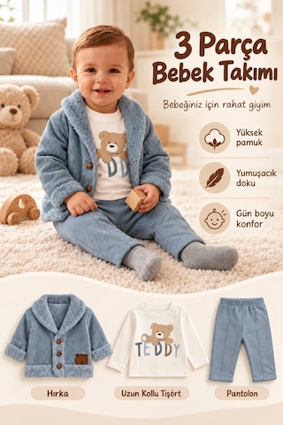 Ahengim Erkek Bebek 3 Parça Takım Ayıcık Baskılı Tişört Hırka Ve Pantolon Seti Ak8536 Bebe Mavi