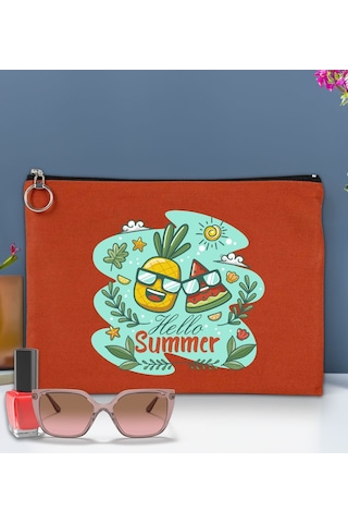 Bk Gift Yaz Temalı Astarlı Kiremit Portföy Çanta 30x21cm, Baskılı El Çantası, Organizer Çanta Çok Renkli