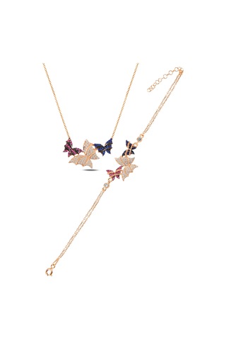 Çekirdekjewelry 925 Ayar Gümüş Kelebek Kolye Ve Bileklik Set Rose Kaplama Renkli Taşlı Pembe