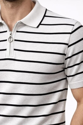 Vexor Erkek Triko Polo Yaka Fermuarlı Çizgili Tişört T-shirt Yazlık Şık - Beyaz
