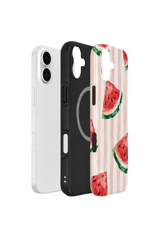 Apple iPhone Uyumlu 17 Vorian Çift Katmanlı Magsafe Kılıf Watermelon Blush Stripe