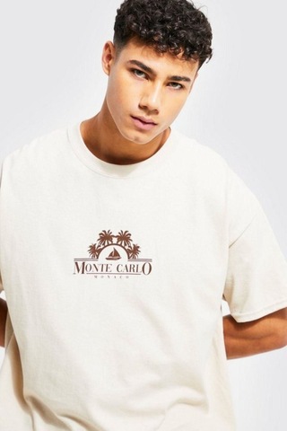 Altamira Erkek Bej Monte Carlo Baskılı Oversize Tshirt 001