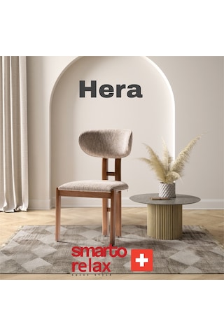 Smarto Relax Hera 2'li Yemek Masası Sandalye Seti - Ahşap Ayaklı, Krem Kumaş Kahverengi